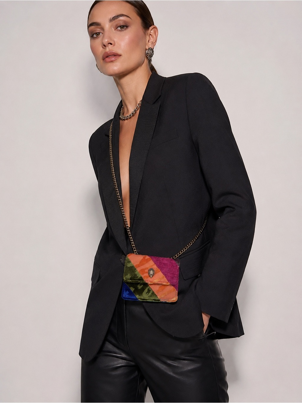 Kurt Geiger Multicolor Velvet Diagonal Stripe Micro Crossbody w/ Gold Chain NWT